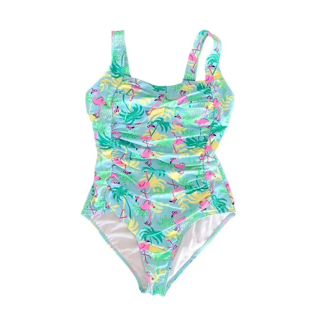 Berkley Jensen Womens Flamingo‎ Palm Tree One Piece Ruched Swimsuit Blue Size M